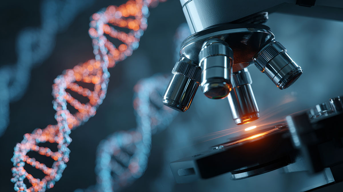 microscope with enlarged dna in background